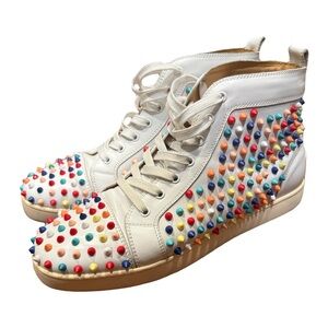 Christian Louboutin White Leather Louis Gomme Spike Studded High Top Sneakers